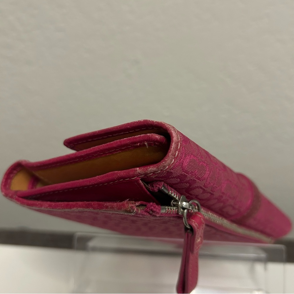 Coach Signature Canvas Leather Fuchsia Trifold Wallet with Checkbook - Picture 8 of 13